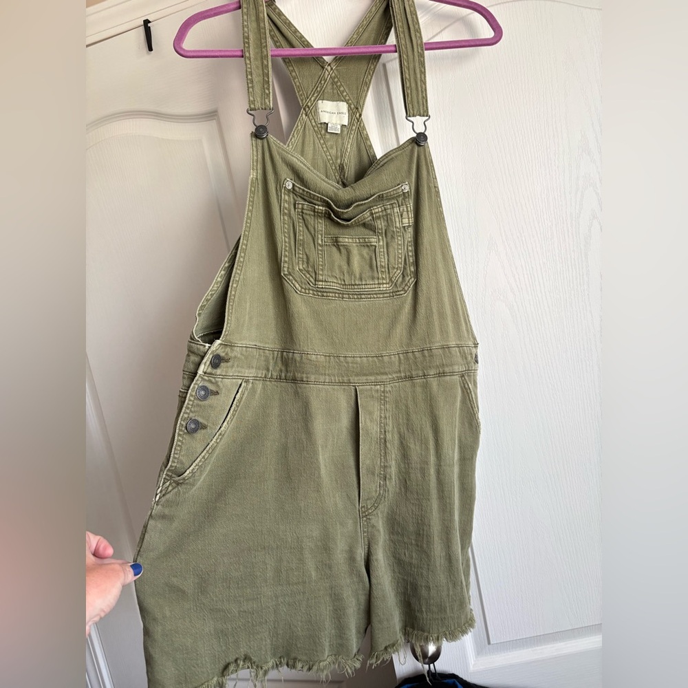American Eagle Olive Green Denim Short Overalls